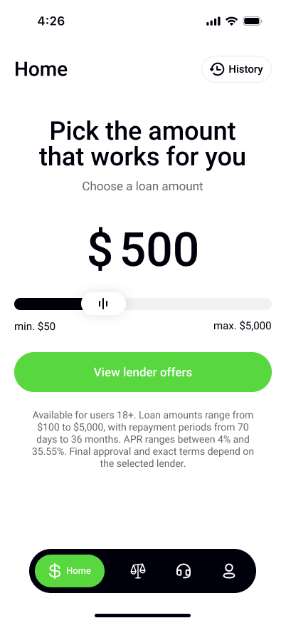 Home: amount selection